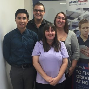MatchWorks job seeker Kathleen Bowden, front centre, with South Australian MatchWorks team members, from left, Ted Ditching, Luke Wagner, and Chris Dunlop.