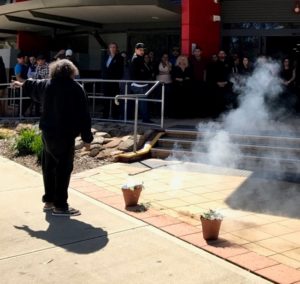 Participants gather for the Smoking Ceremony at the Deadly Yakka launch in Kwinana, WA.