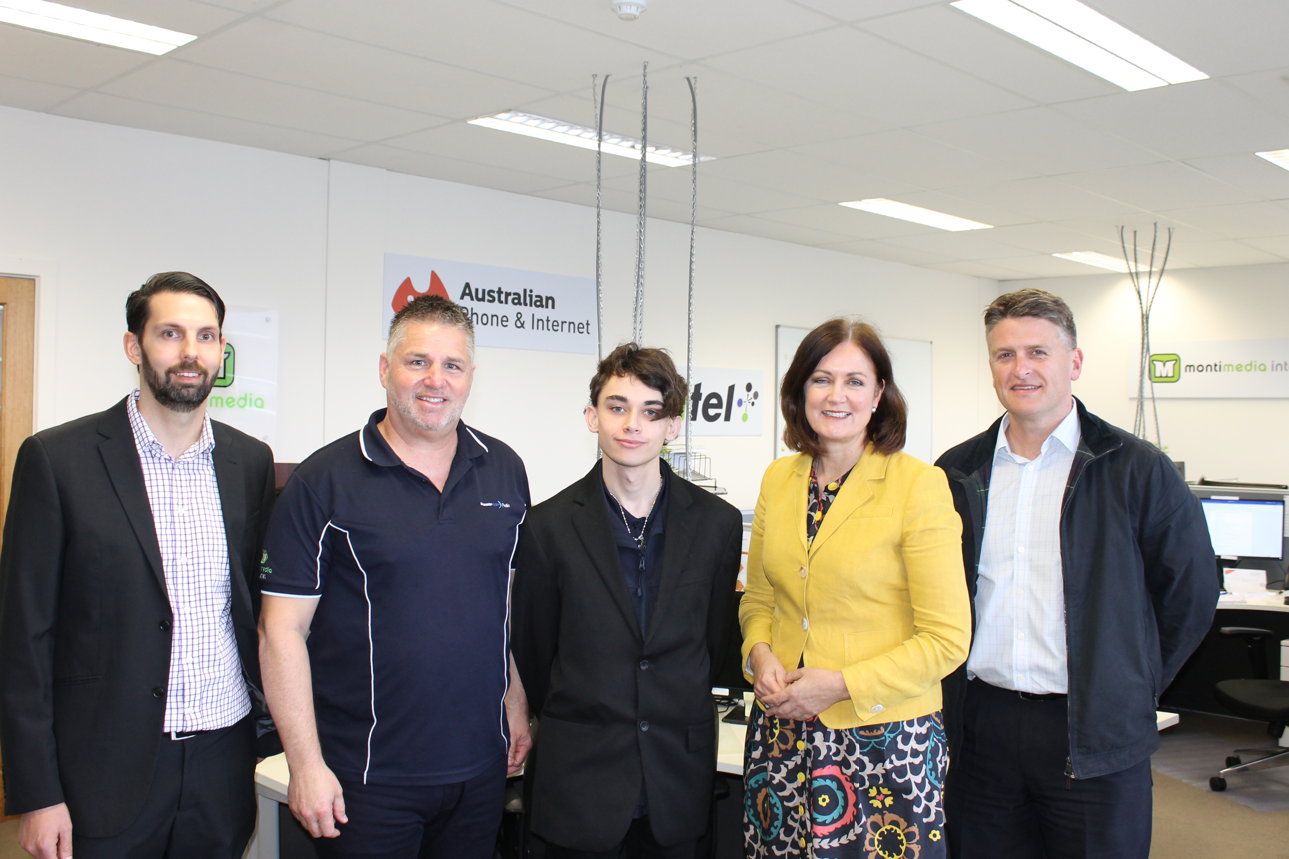 MatchWorks Employment Consultant Chris Fowler, Powercom Pacific Managing Director Barry Ford, MatchWorks job seeker Jesse, Sarah Henderson MP and MatchWorks jobactive Director Mark McCoy.